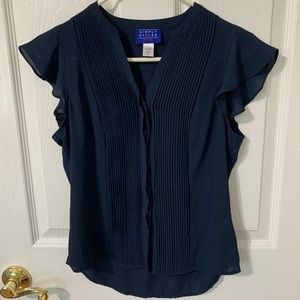 Navy Blue Sleeveless Pleated Button Down Blouse